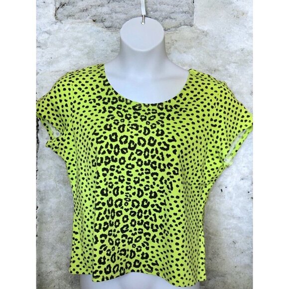 Ruby Rd Womens Petite Lime Green Leopard Print Short Sleeve Stretch Top NEW PXL - Picture 10 of 10